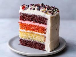 A colorful layered cake slice with white frosting and sprinkles photo