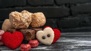 Valentines Day sweets and heart decorations on a rustic wooden surface photo