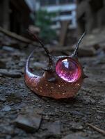 Alien slug with glowing eye crawling on rubble photo