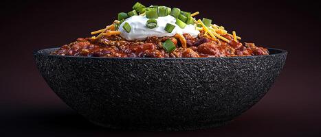 A bowl of chili topped with sour cream, cheese, and scallions photo