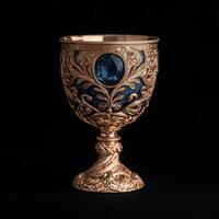 An ornate gold goblet with a blue gemstone photo