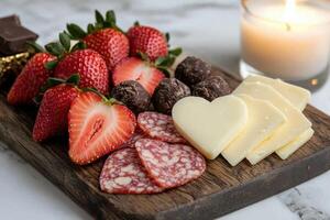 Romantic charcuterie board with cheese, salami, strawberries, and chocolate photo