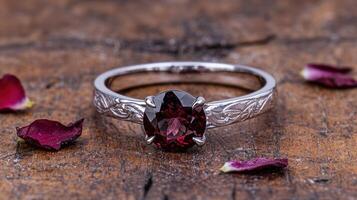 Elegant silver ring with a red garnet gemstone on a wooden surface with flower petals photo