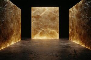 Illuminated marble panels in a dark room create a modern and abstract space photo