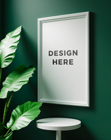 Poster frame mockup above round table against deep green wall for design placement psd