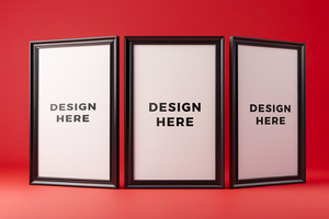 Three poster mockup with black frame against red background for design placement psd