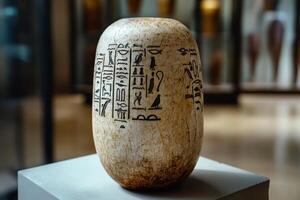 Ancient Egyptian canopic jar with hieroglyphs photo