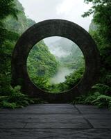 Mystical portal in a lush jungle leading to another world photo