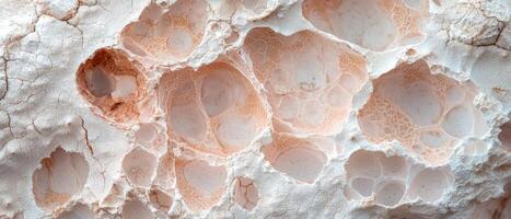 Close up of a porous rock formation with intricate patterns and textures photo