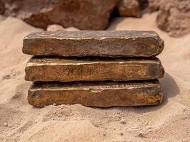 Three gold bars stacked on top of each other in the sand photo