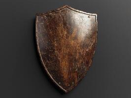 A worn and weathered shield against a dark background photo