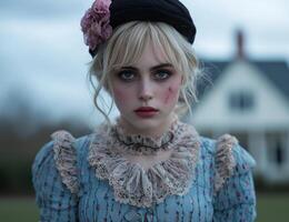 Portrait of a young woman with a vintage dress and hat photo