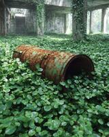 An old rusty barrel sits in an overgrown abandoned building photo
