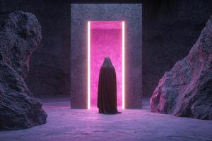 Mysterious figure standing before a glowing portal in a cavern photo