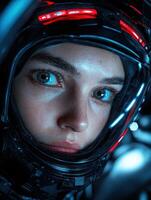 A woman in a futuristic astronaut helmet looks forward photo