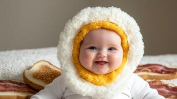 A happy baby dressed as a fried egg with toast and bacon photo