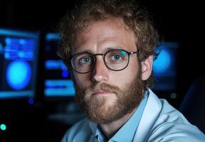 Scientist in a lab coat in front of computer screens photo