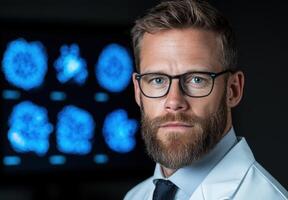 Doctor in lab coat with brain scans in the background photo