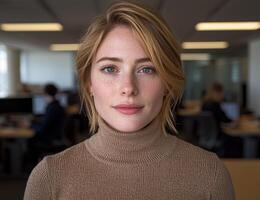 Portrait of a fair skinned woman with freckles in an office setting. photo