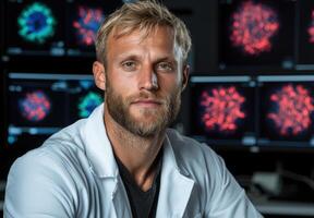 Scientist in lab coat with scientific data on computer screens photo