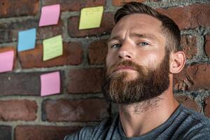 Man with a beard standing in front of a brick wall with sticky notes photo