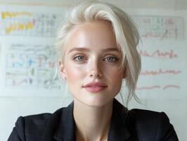 Businesswoman in a suit standing in front of a whiteboard with charts photo