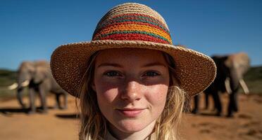 Woman with freckles wearing a hat in a safari with elephants photo