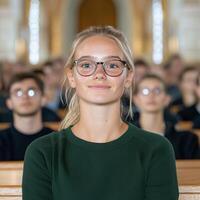 Young woman wearing glasses in a crowd photo