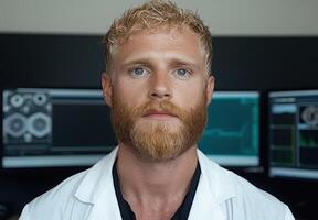 A scientist in a lab coat stands in front of computer screens photo
