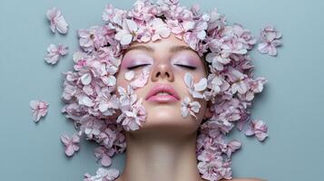 Woman with pink flowers on her face and head photo