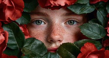 Close up of a freckled face surrounded by red roses and green leaves photo