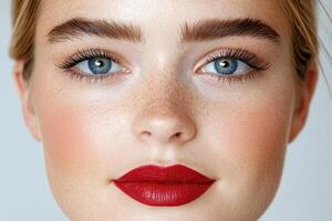 Close up of a beautiful woman with red lipstick and freckles photo
