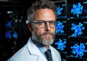 Scientist in lab coat standing in front of monitors displaying molecular structures photo