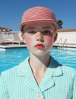 A young woman with freckles and a red and white striped hat stands in front of a swimming pool photo