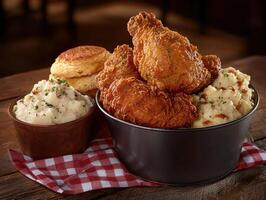 Fried chicken with mashed potatoes and biscuits on a wooden table photo