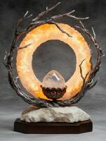Crystal lamp with a quartz point and a ring of orange calcite photo
