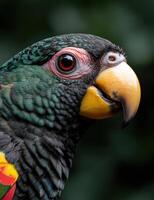 Close up of a colorful parrot with vibrant feathers and a striking beak photo