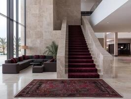 Elegant hotel lobby with staircase and seating area photo