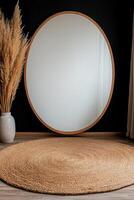 A round mirror and pampas grass in a vase create a minimal interior design photo