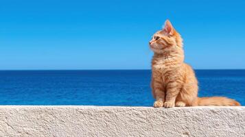 An orange tabby cat sits on a wall overlooking the ocean photo