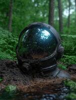 Lost astronaut helmet in a lush forest with a reflection of space photo