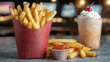French fries and a milkshake on a table photo