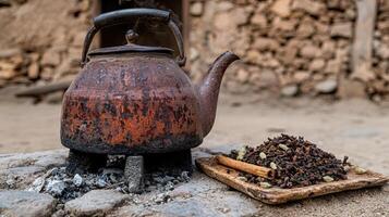 Rustic kettle with spices on a wooden tray photo
