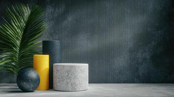 Modern product display with geometric shapes and a palm leaf against a textured wall photo