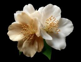 Two delicate flowers, one white and one gold, in full bloom against a black backdrop photo