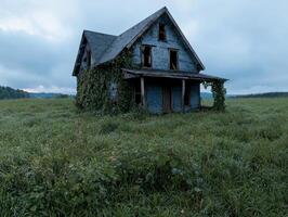 An old abandoned house sits in a field of tall grass photo