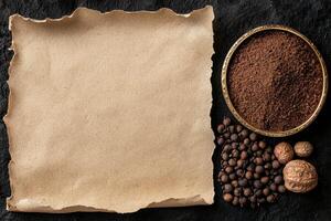 Old paper with spices and nutmeg on a dark background photo