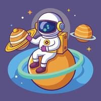 Cartoon Astronaut Exploring Planets In Space vector