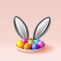 3D colorful easter eggs with bunny ears in plate. Render easter holiday egg and rabbit ear icon. Spring holiday, festive greeting card design vector
