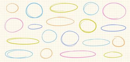 Hand Drawn Crayon Oval Round Shape Set. Line Stroke Chalk Emphasis Frames vector